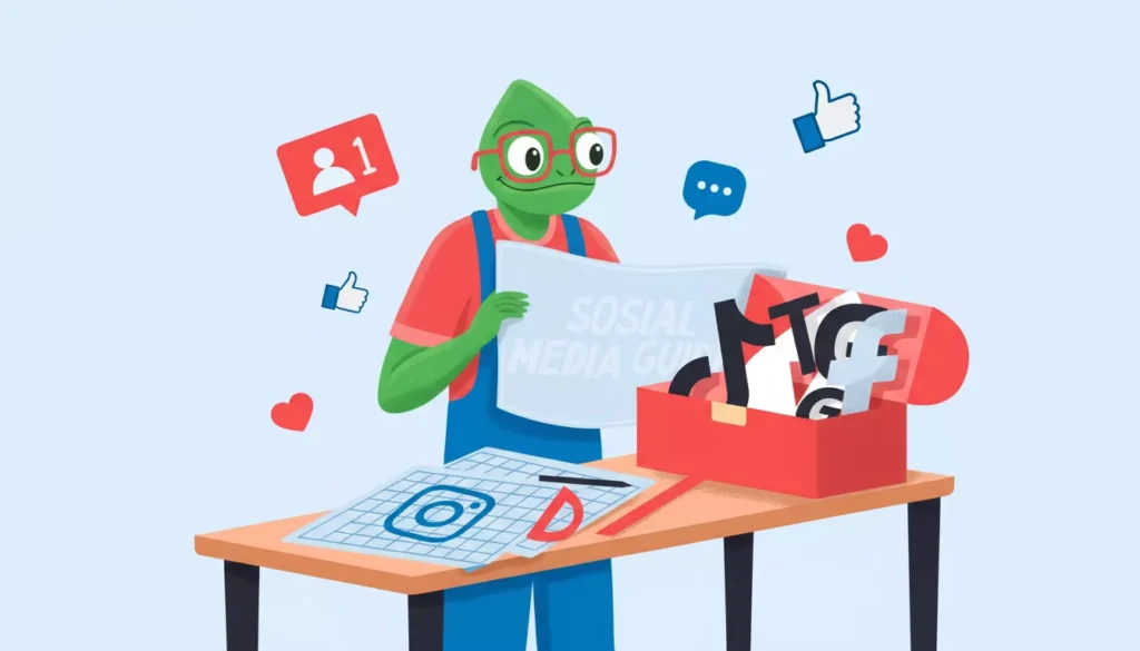 a chameleon with glasses reading a social media