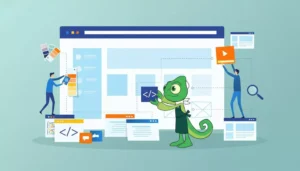 a chameleon mascot building a web page